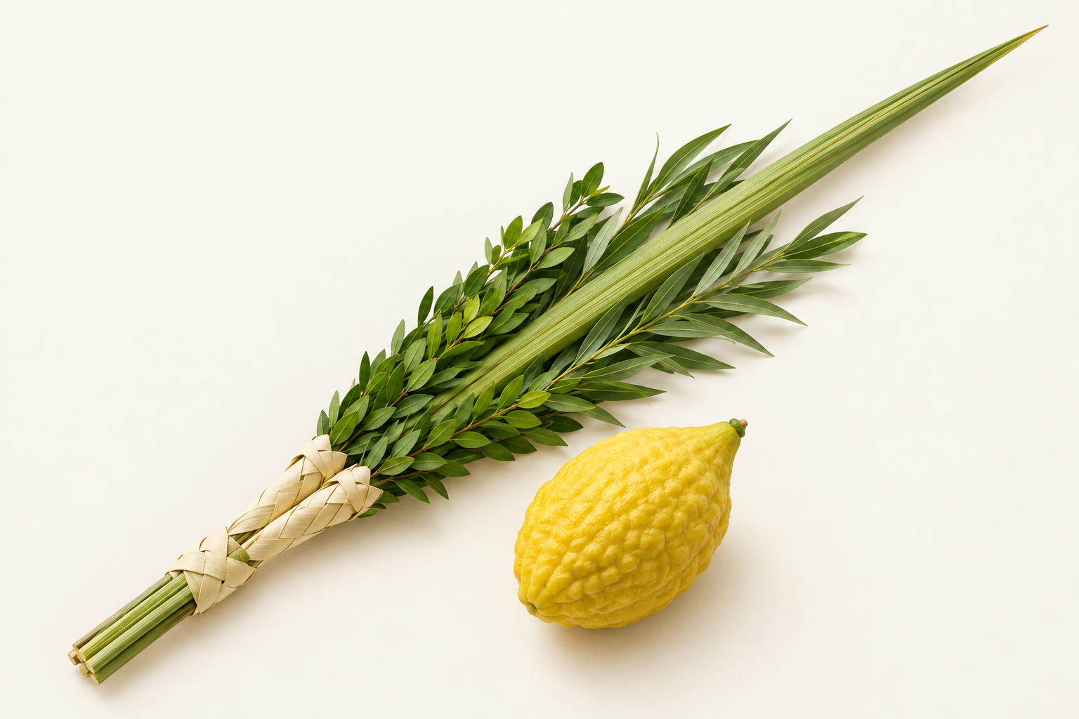 A lulav with myrtle and willow branches, alongside a yellow etrog